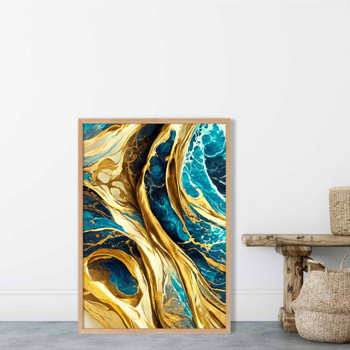 Abstract Art Print Waves in Blue and Gold Effect | Bowlift