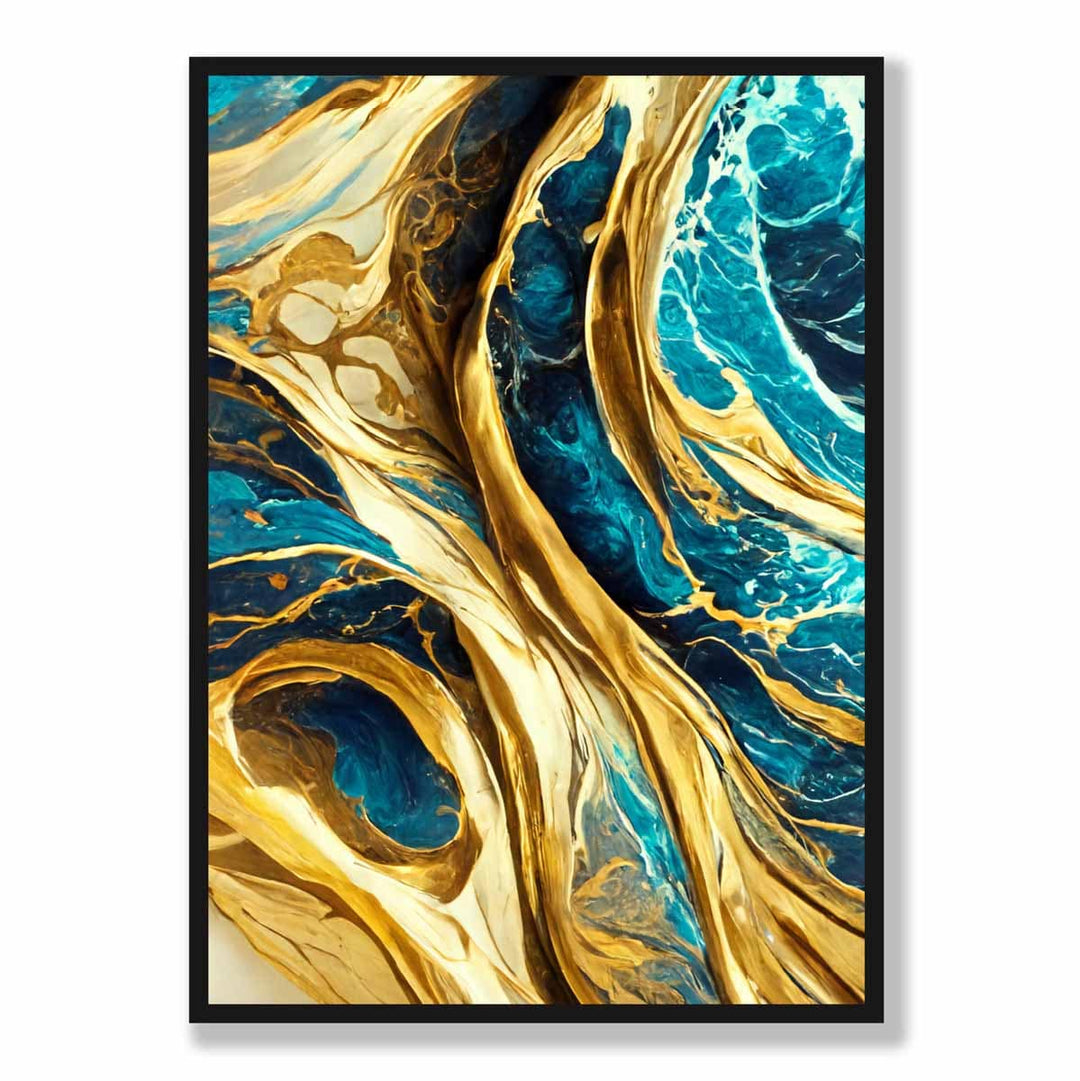 Abstract Art Print Waves in Blue and Gold Effect | Bowlift