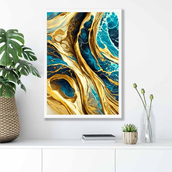 Abstract Art Print Waves in Blue and Gold Effect | Bowlift