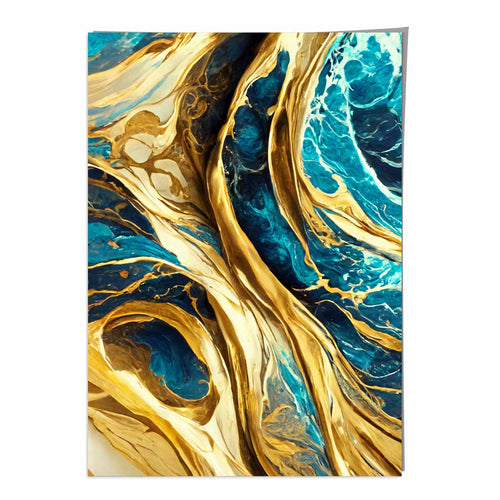 Abstract Art Print Waves in Blue and Gold Effect | Bowlift