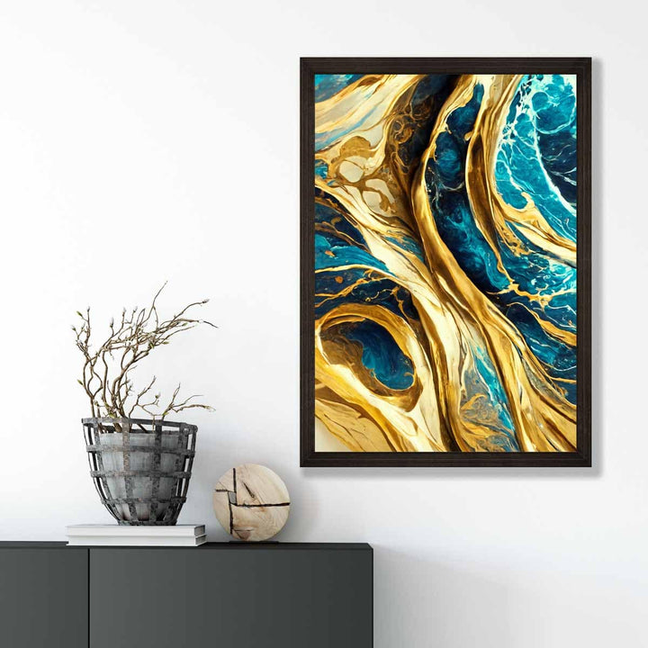Abstract Art Print Waves in Blue and Gold Effect | Bowlift