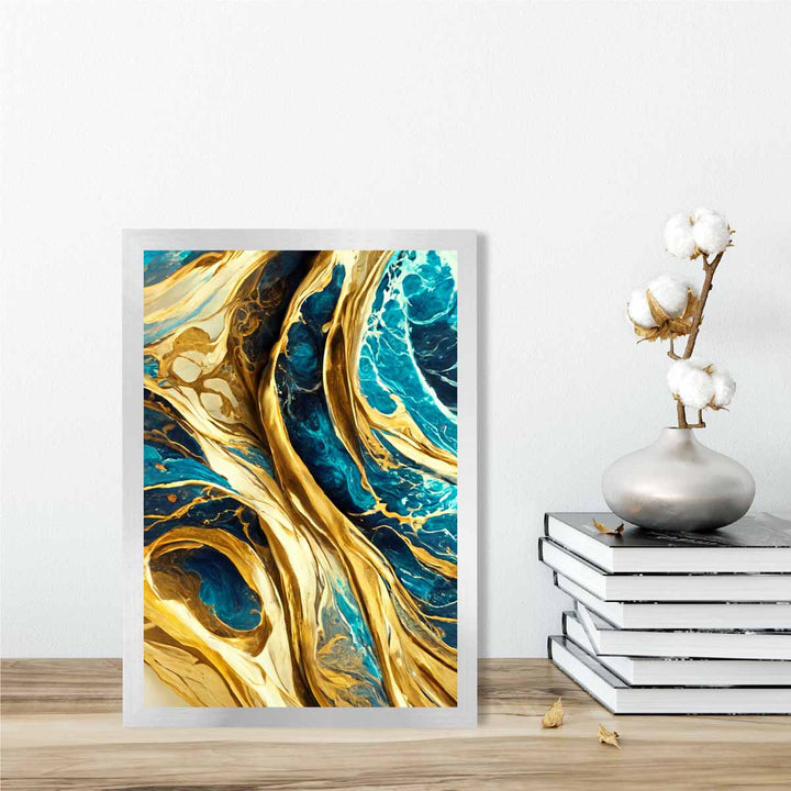Abstract Art Print Waves in Blue and Gold Effect | Bowlift