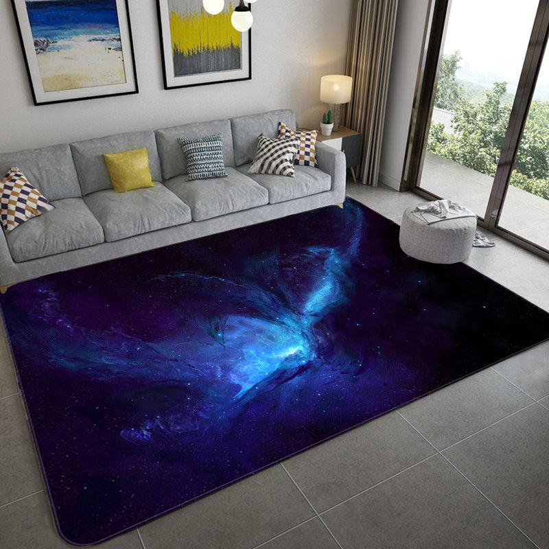 BowLift | Mystical Galaxy 3D Graphic Rug Blue-Black Polypropylene Rug Non-Slip Underlay Washable Stain-Resistant Rug for Living Room