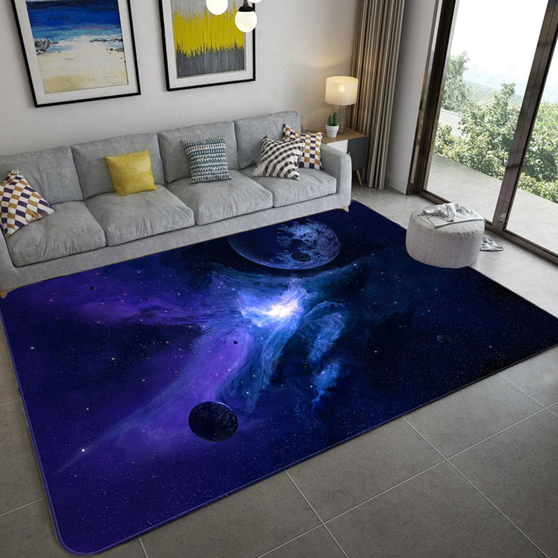 BowLift | Mystical Galaxy 3D Graphic Rug Blue-Black Polypropylene Rug Non-Slip Underlay Washable Stain-Resistant Rug for Living Room
