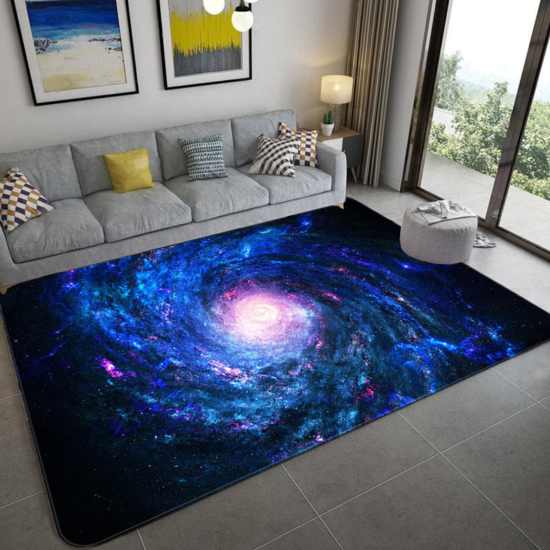 BowLift | Mystical Galaxy 3D Graphic Rug Blue-Black Polypropylene Rug Non-Slip Underlay Washable Stain-Resistant Rug for Living Room