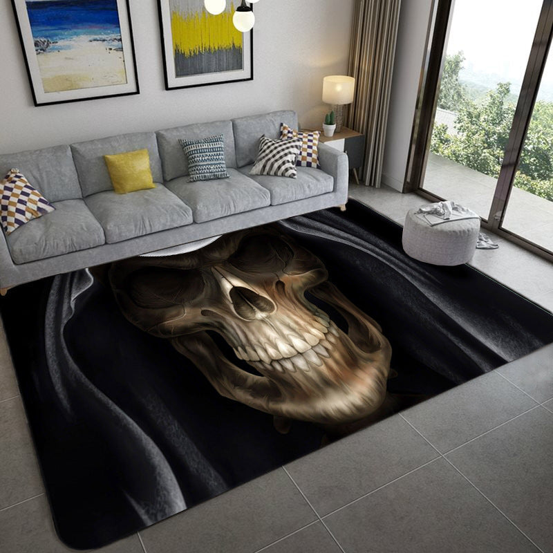 BowLift | Hip Hop Living Room Rug Black Optical Illusions Skull Rug Polypropylene Stain Resistant Pet Friendly Non-Slip Back Area Rug