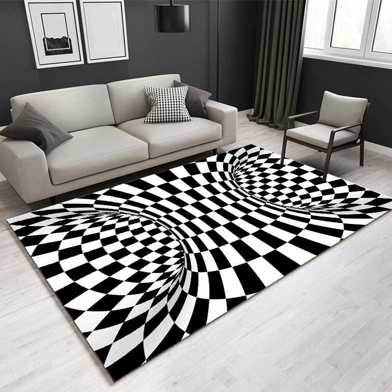 BowLift | Decorative Black-White Modern Carpet Polyester 3D Trick Art Checked Pattern Carpet Stain-Resistant Non-Slip Backing Washable Carpet for Home
