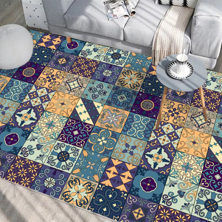 Moroccan mosaic print rug Multicolored polyester rug Non-slip backing Washable pet-friendly rug for the living room | Bowlift