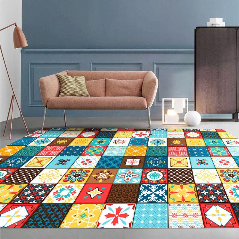 Moroccan mosaic print rug Multicolored polyester rug Non-slip backing Washable pet-friendly rug for the living room | Bowlift