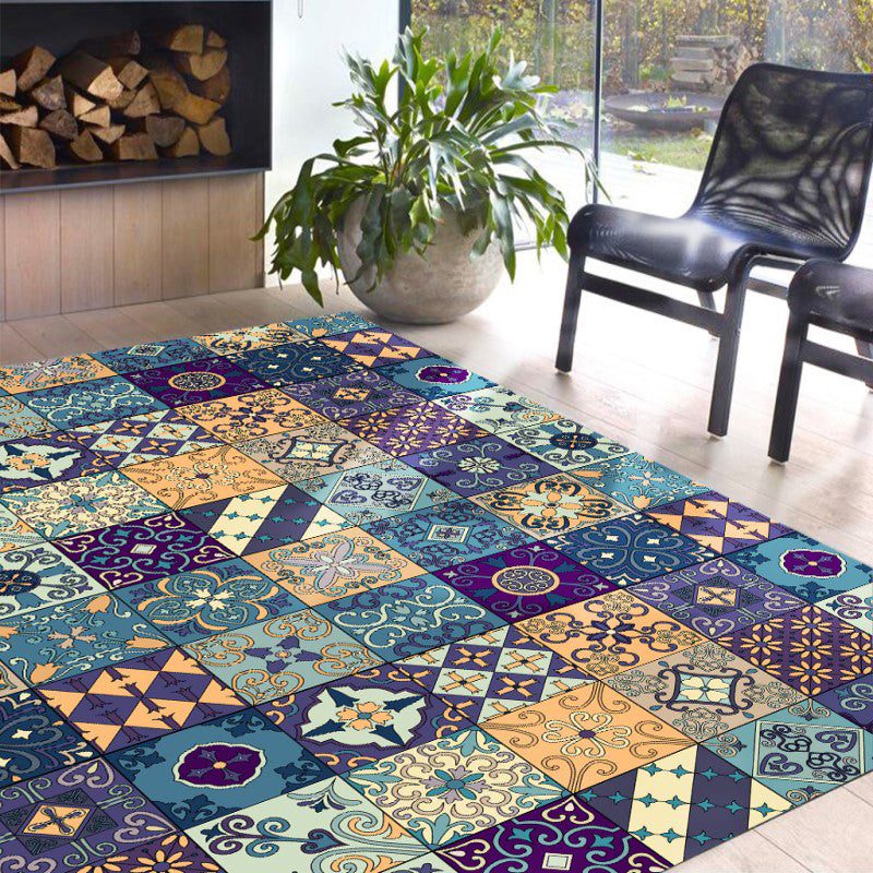 Moroccan mosaic print rug Multicolored polyester rug Non-slip backing Washable pet-friendly rug for the living room | Bowlift