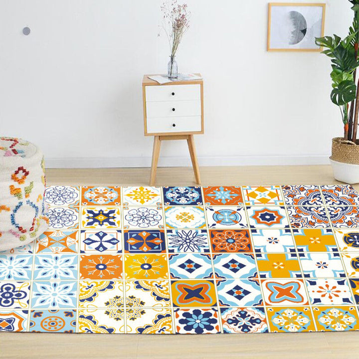 Moroccan mosaic print rug Multicolored polyester rug Non-slip backing Washable pet-friendly rug for the living room | Bowlift