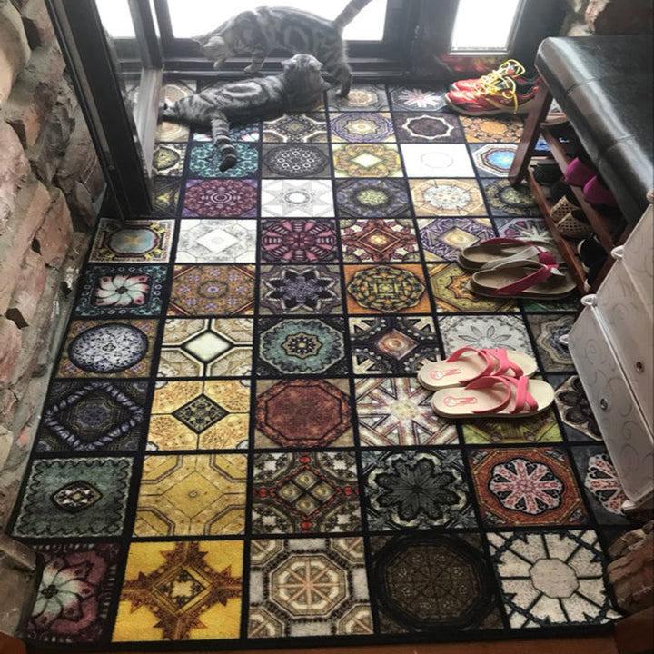 Chic Multicolor Moroccan Carpet Polypropylene Mosaic Rug Non-Slip Back Machine Washable Stain Resistant Rug for Entrance Area | Bowlift