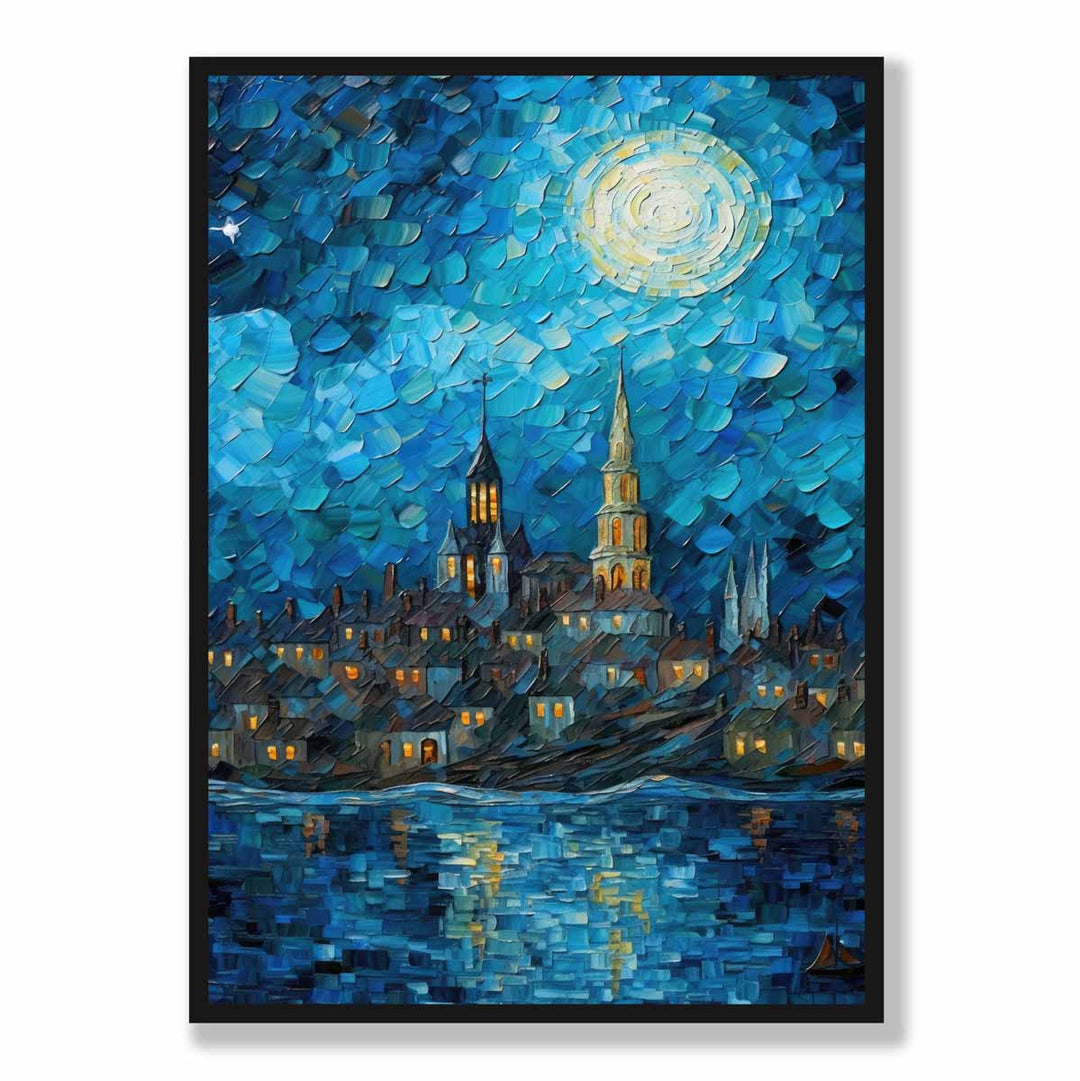 City by the Lake at Night Palette Knife Painting Art Print | Bowlift