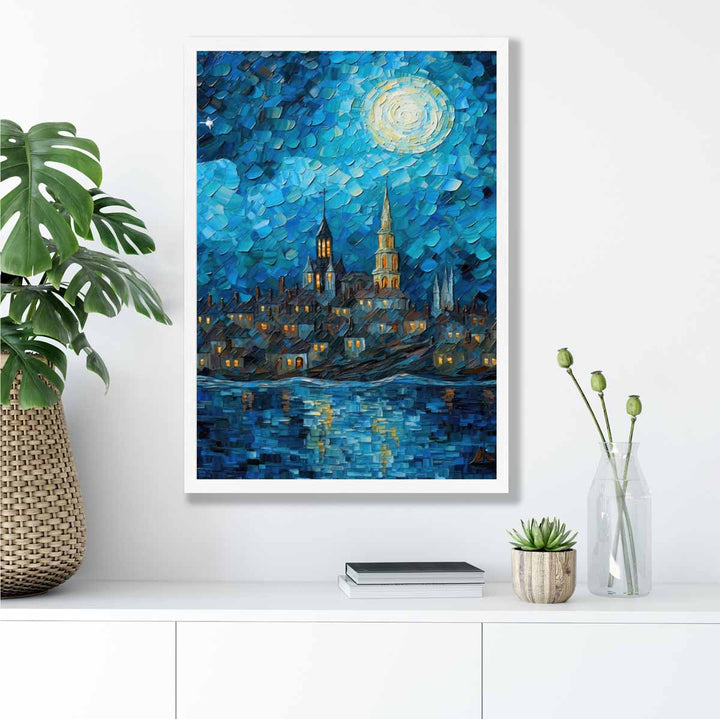 City by the Lake at Night Palette Knife Painting Art Print | Bowlift