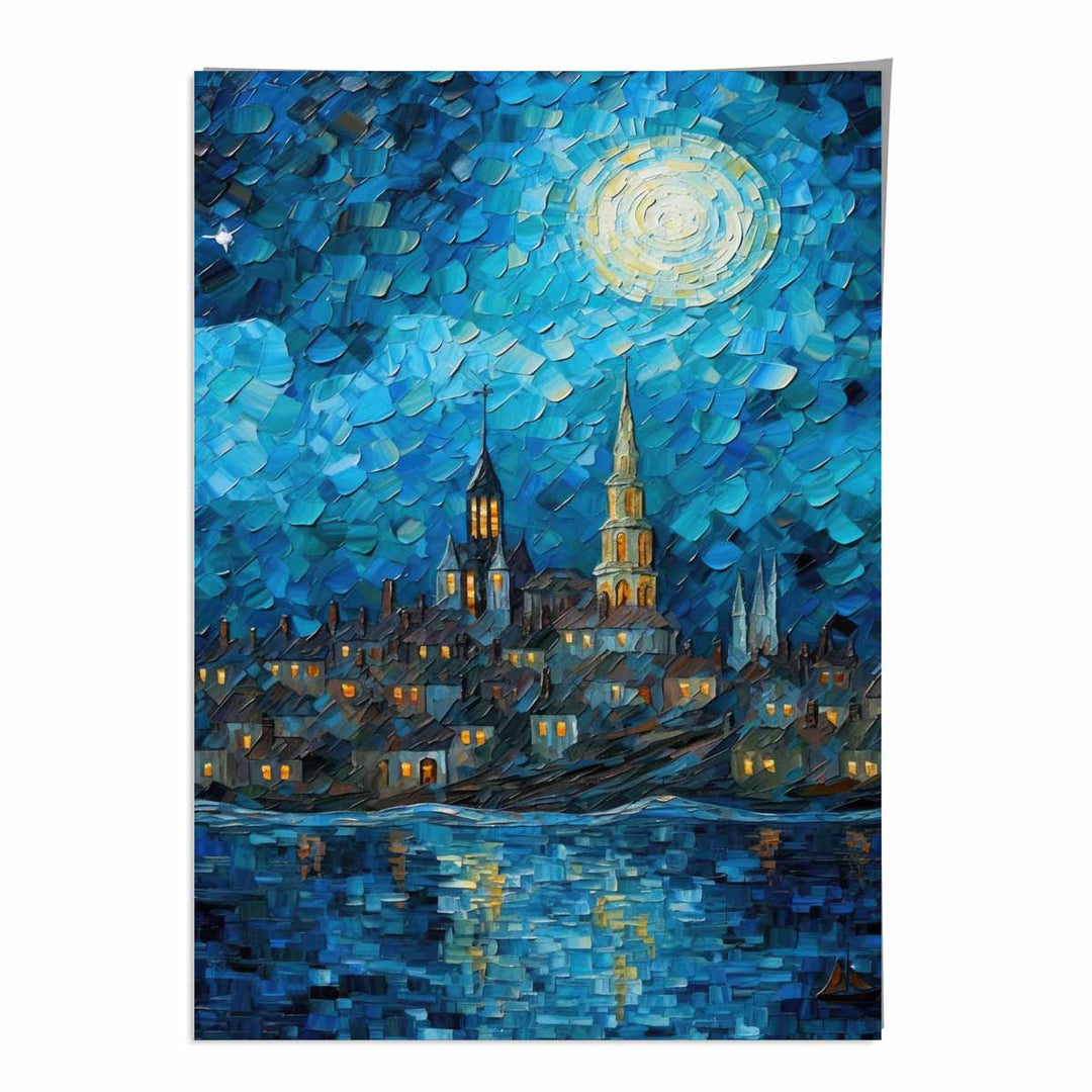 City by the Lake at Night Palette Knife Painting Art Print | Bowlift