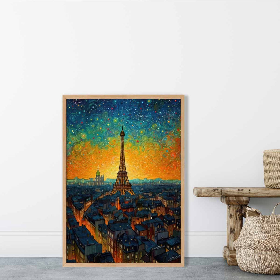 Colorful painting art print of Paris at sunset | Bowlift