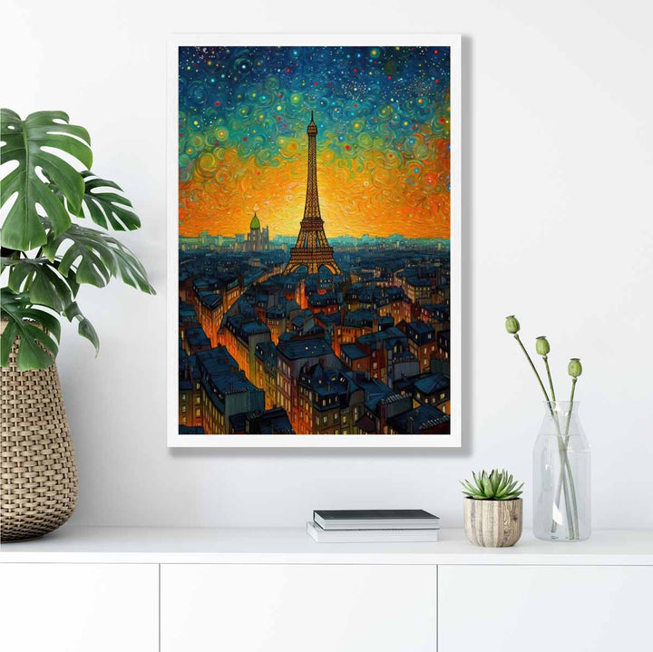 Colorful painting art print of Paris at sunset | Bowlift