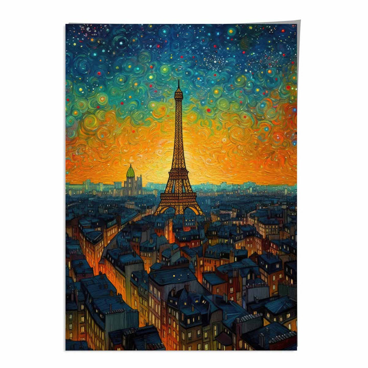 Colorful painting art print of Paris at sunset | Bowlift
