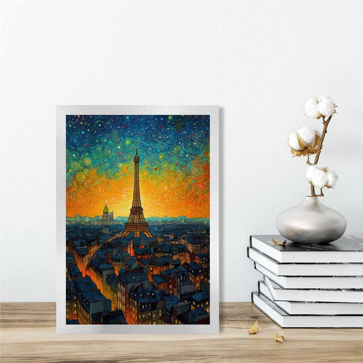 Colorful painting art print of Paris at sunset | Bowlift