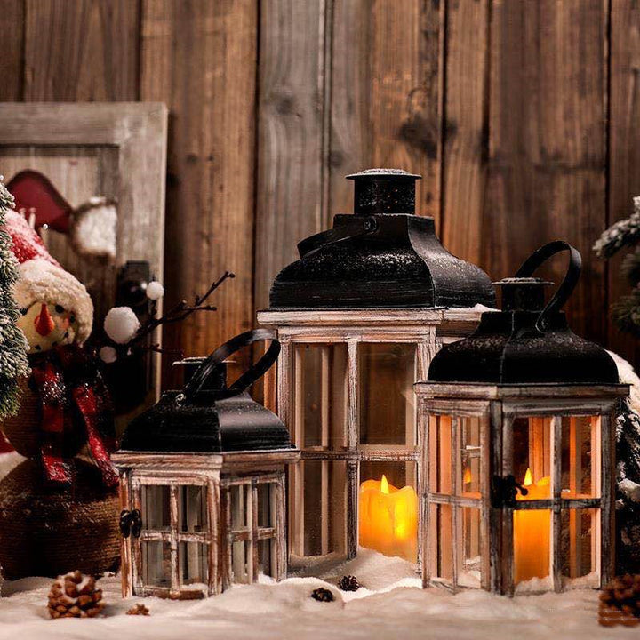 Distressed Wood Glass Candle Lantern with Perforated Metal Top and Vintage Latch Bowlift