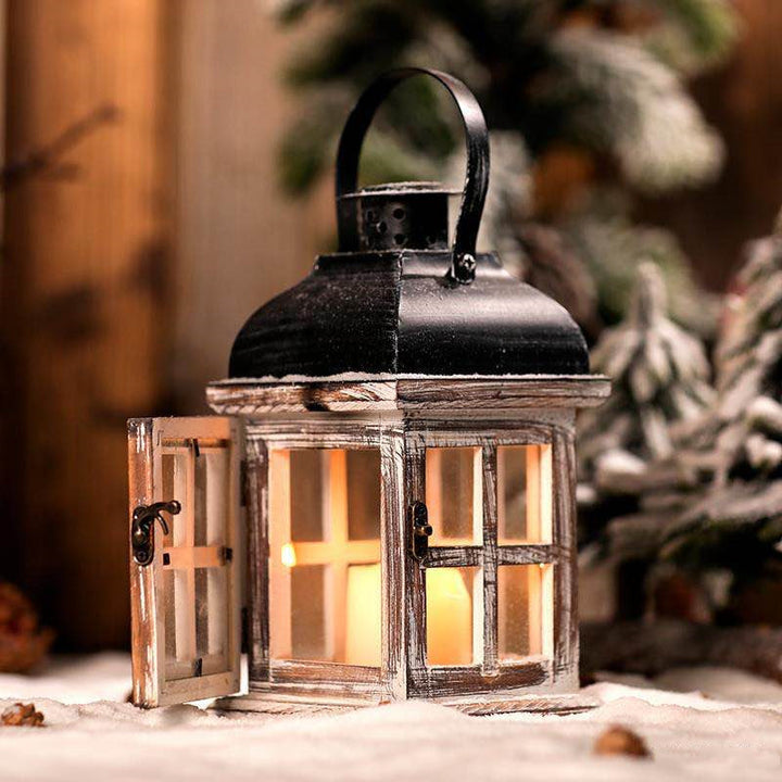Distressed Wood Glass Candle Lantern with Perforated Metal Top and Vintage Latch Bowlift