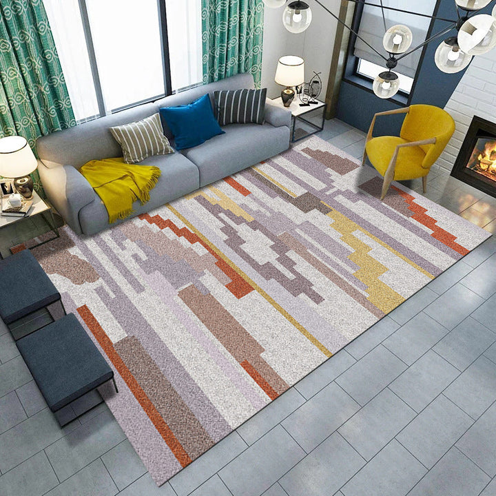 Minimalist Living Room Rug Multicolored Geometric Lines Printed Mat Polypropylene Stain Resistant Non-Slip Pet Friendly Mat | Bowlift