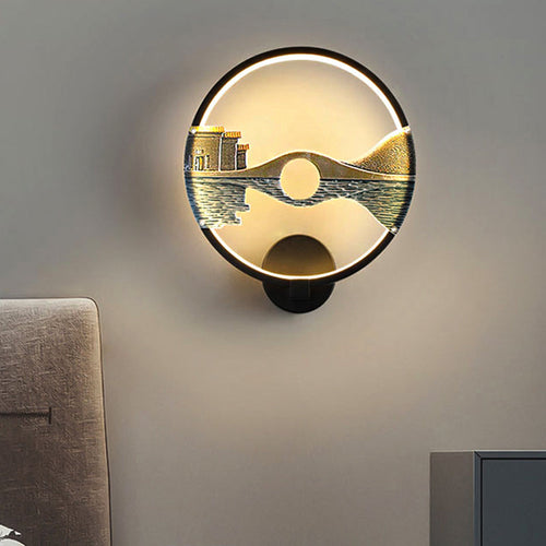 BowLift | Black/White Round Wall Light LED Acrylic Wall Mount Lamp with Chinese Landscape Pattern, 12 Diameter