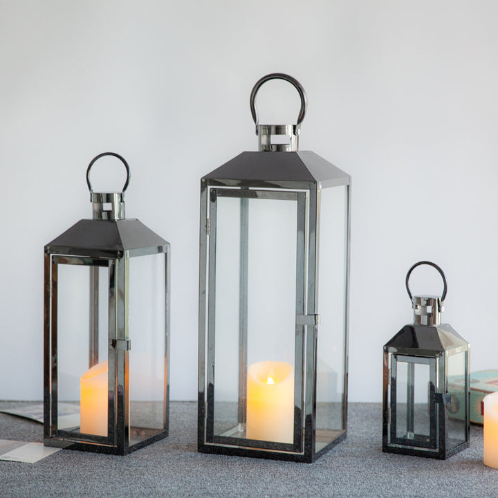 Decorative Gold-Trimmed Glass Lantern Trio with Hinged Door and Carry Ring Bowlift