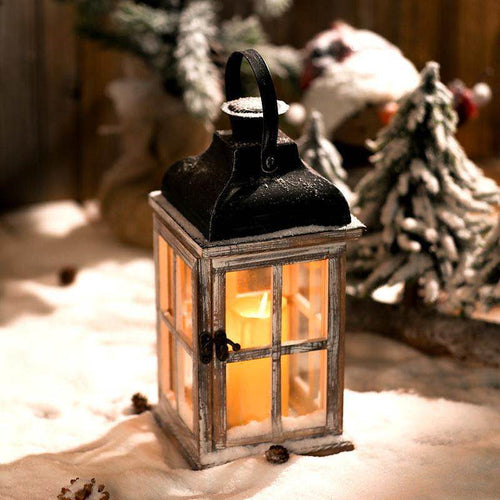 Distressed Wood Glass Candle Lantern with Perforated Metal Top and Vintage Latch Bowlift