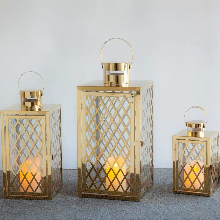 Modern Polished Lattice Metal Lantern Collection with Hinged Door and Top Loop Handle Bowlift