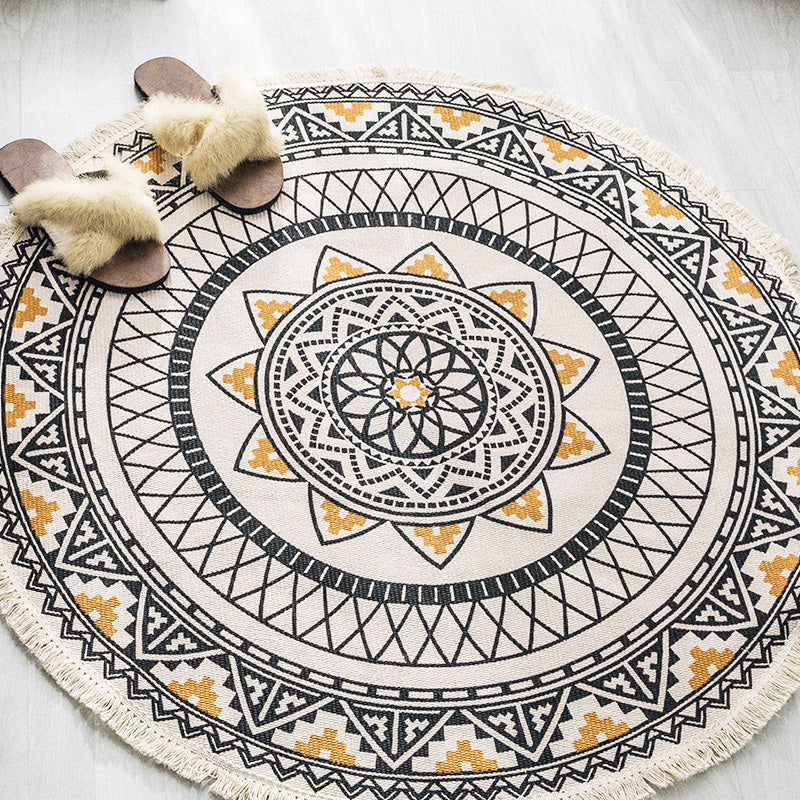 Multicolored tribal patterned rug made of cotton blend, ethnic rug, easy care, handwoven rug with fringes for the bedroom | Bowlift