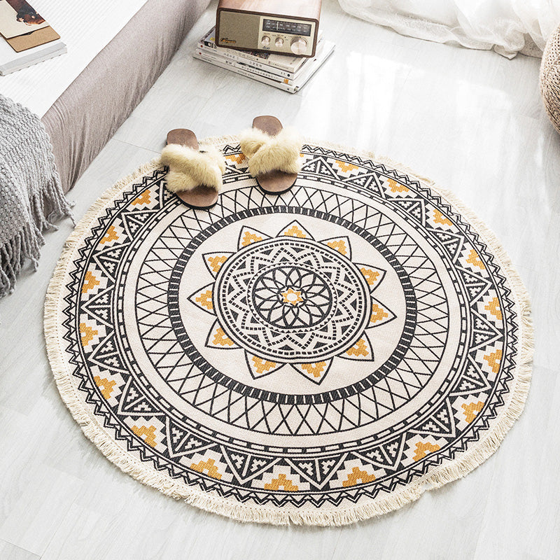 Multicolored tribal patterned rug made of cotton blend, ethnic rug, easy care, handwoven rug with fringes for the bedroom | Bowlift