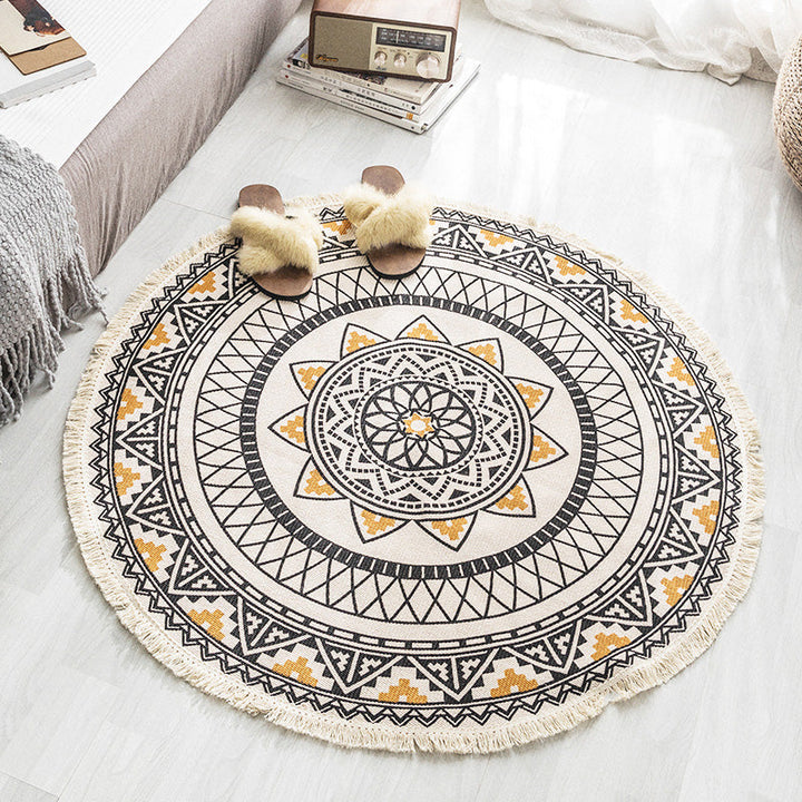 Multicolored tribal patterned rug made of cotton blend, ethnic rug, easy care, handwoven rug with fringes for the bedroom | Bowlift