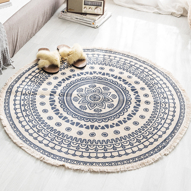Multicolored tribal patterned rug made of cotton blend, ethnic rug, easy care, handwoven rug with fringes for the bedroom | Bowlift