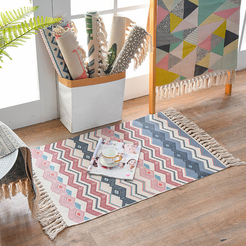 Retro Multi Color Moroccan Carpet Cotton Blend Tribal Symbols Carpet Machine Washable Carpet with Tassels for Room | Bowlift
