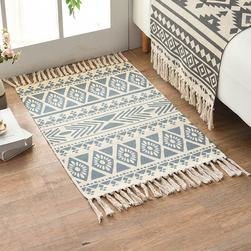 Retro Multi Color Moroccan Carpet Cotton Blend Tribal Symbols Carpet Machine Washable Carpet with Tassels for Room | Bowlift