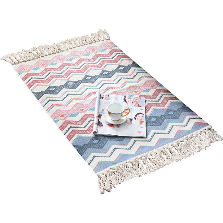 Retro Multi Color Moroccan Carpet Cotton Blend Tribal Symbols Carpet Machine Washable Carpet with Tassels for Room | Bowlift