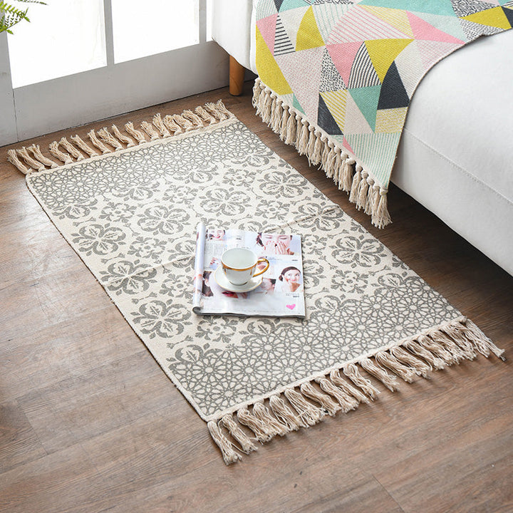 Retro Multi Color Moroccan Carpet Cotton Blend Tribal Symbols Carpet Machine Washable Carpet with Tassels for Room | Bowlift