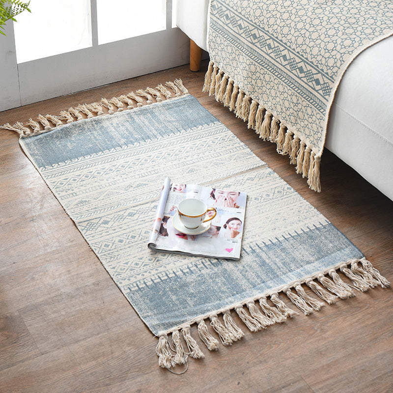 Retro Multi Color Moroccan Carpet Cotton Blend Tribal Symbols Carpet Machine Washable Carpet with Tassels for Room | Bowlift
