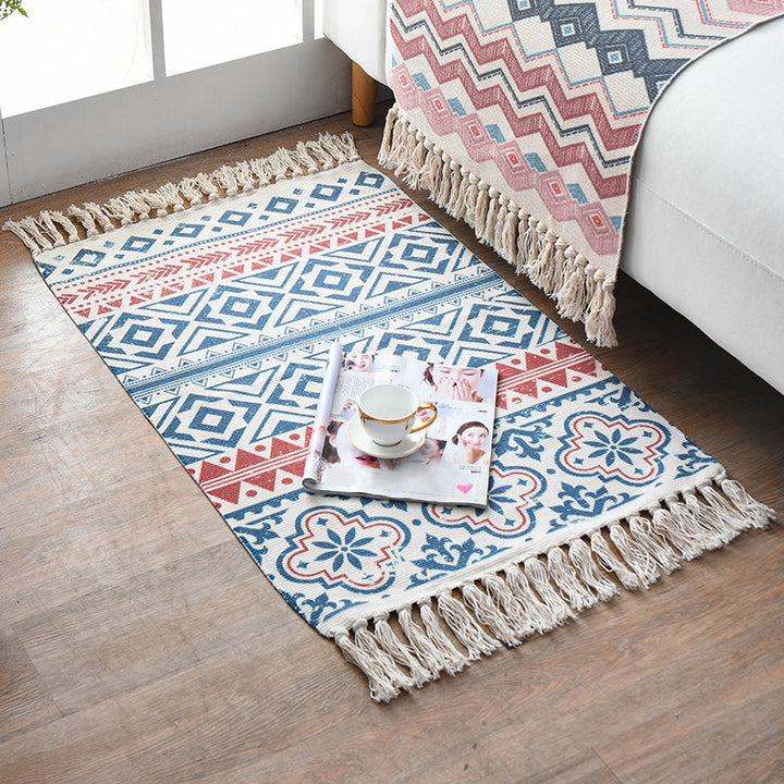 Retro Multi Color Moroccan Carpet Cotton Blend Tribal Symbols Carpet Machine Washable Carpet with Tassels for Room | Bowlift