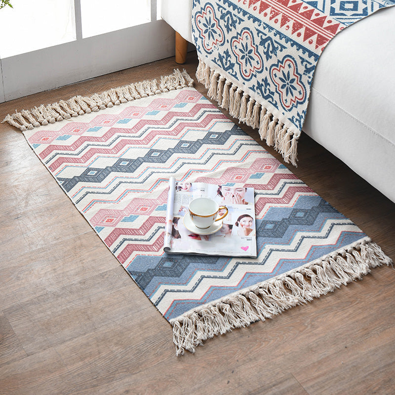 Retro Multi Color Moroccan Carpet Cotton Blend Tribal Symbols Carpet Machine Washable Carpet with Tassels for Room | Bowlift