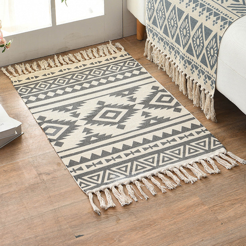 Retro Multi Color Moroccan Carpet Cotton Blend Tribal Symbols Carpet Machine Washable Carpet with Tassels for Room | Bowlift