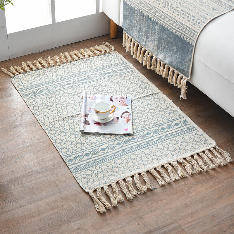 Retro Multi Color Moroccan Carpet Cotton Blend Tribal Symbols Carpet Machine Washable Carpet with Tassels for Room | Bowlift