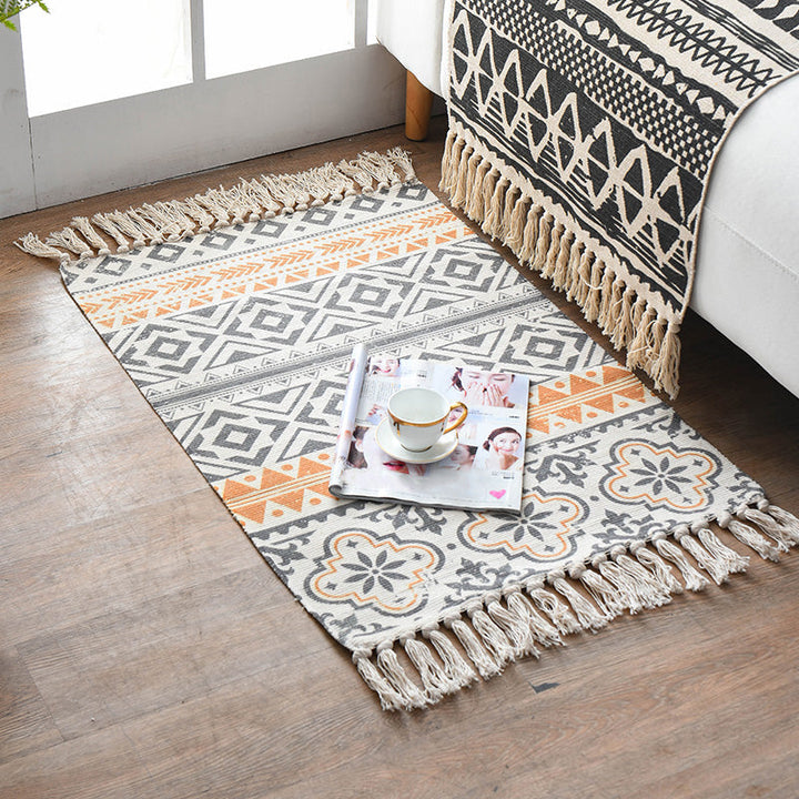 Retro Multi Color Moroccan Carpet Cotton Blend Tribal Symbols Carpet Machine Washable Carpet with Tassels for Room | Bowlift