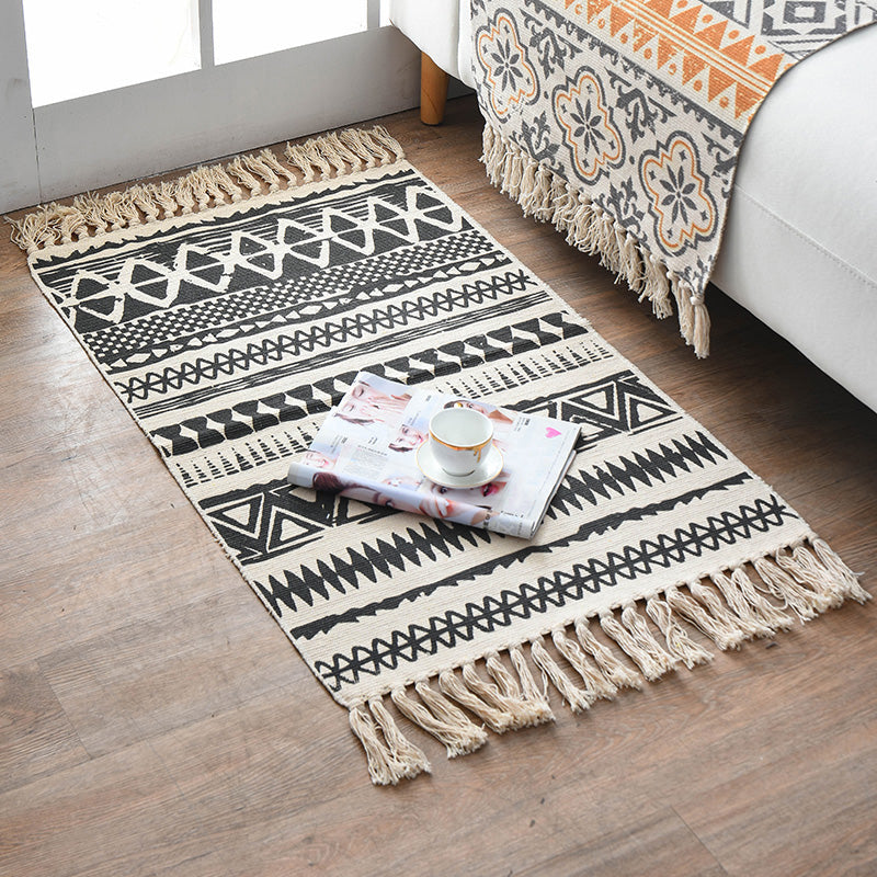Retro Multi Color Moroccan Carpet Cotton Blend Tribal Symbols Carpet Machine Washable Carpet with Tassels for Room | Bowlift