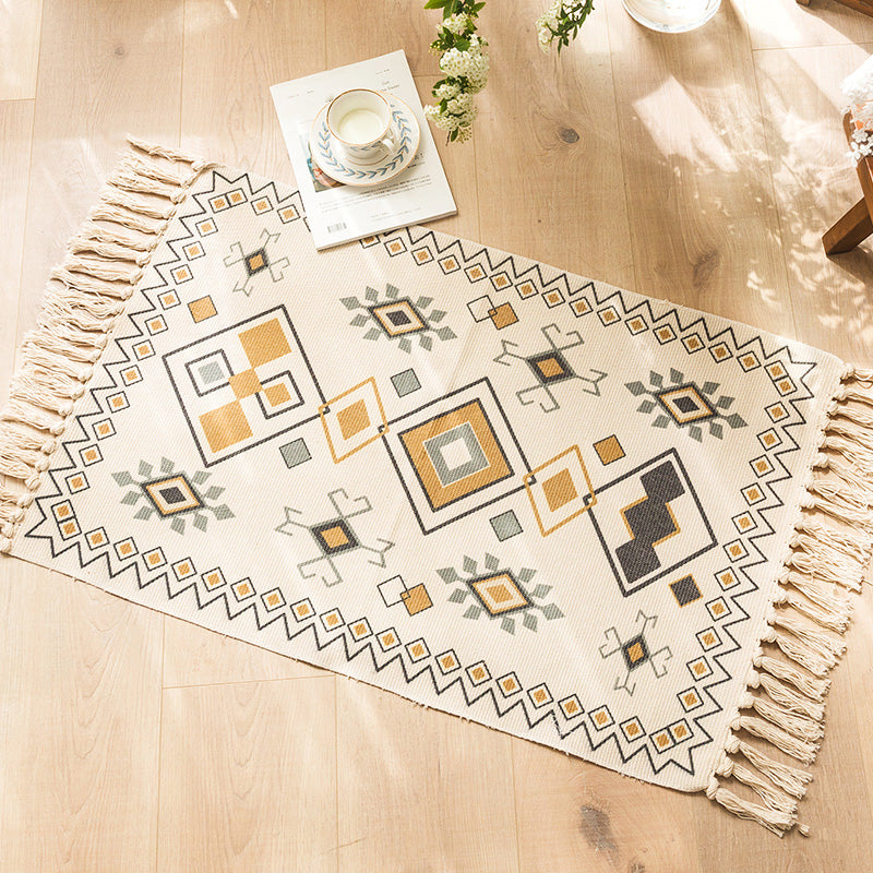 BowLift | Moroccan Bedroom Rug Multicolored Tribal Symbols Rug Cotton Blend Pet Friendly Eco-Friendly Area Rug with Fringes