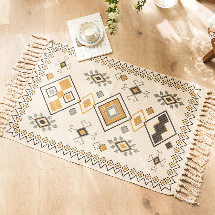 Moroccan Bedroom Rug Multicolored Tribal Symbols Rug Cotton Blend Pet-Friendly Eco Area Rug with Tassels | Bowlift