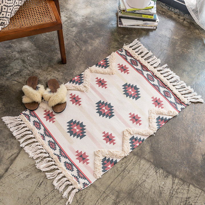 BowLift | Moroccan Bedroom Rug Multicolored Tribal Symbols Rug Cotton Blend Pet Friendly Eco-Friendly Area Rug with Fringes