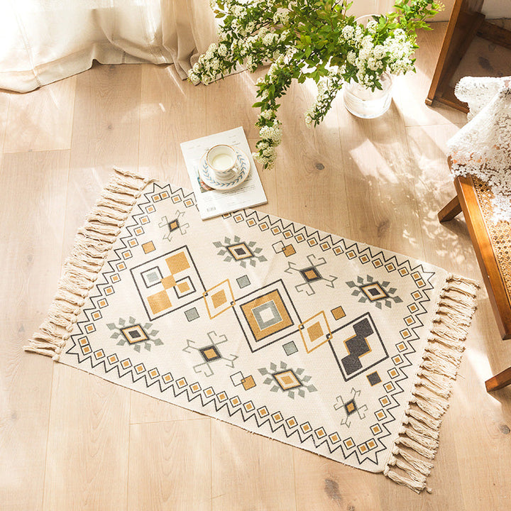 Moroccan Bedroom Rug Multicolored Tribal Symbols Rug Cotton Blend Pet-Friendly Eco Area Rug with Tassels | Bowlift