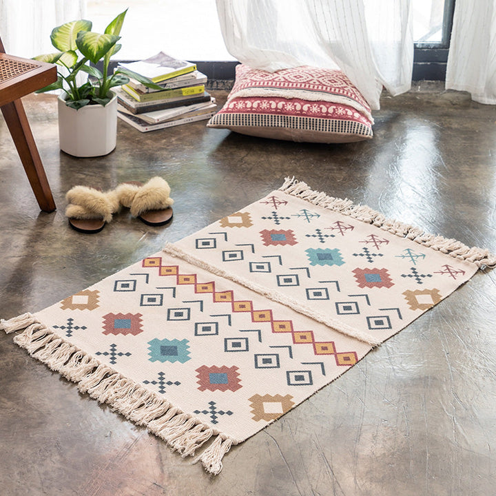 BowLift | Moroccan Bedroom Rug Multicolored Tribal Symbols Rug Cotton Blend Pet Friendly Eco-Friendly Area Rug with Fringes